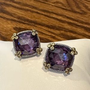 Judith Ripka Purple Amethyst Diamond Silver Gold Earrings 18K 925